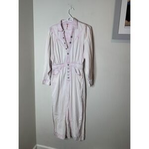 Free People Jumpsuit Womens XS Pink Denim Long Sleeve Snap Front Pockets Utility